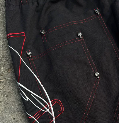 Darkwear Tribal Script Red-Piping Wide-Leg Trousers