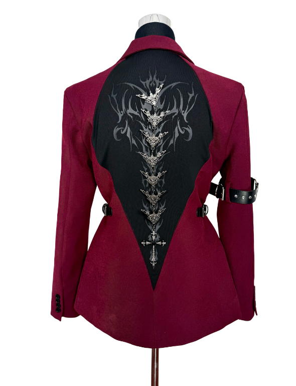 Cyber-Sigilism Back-Graphic Buckled Arm-Strap Blazer