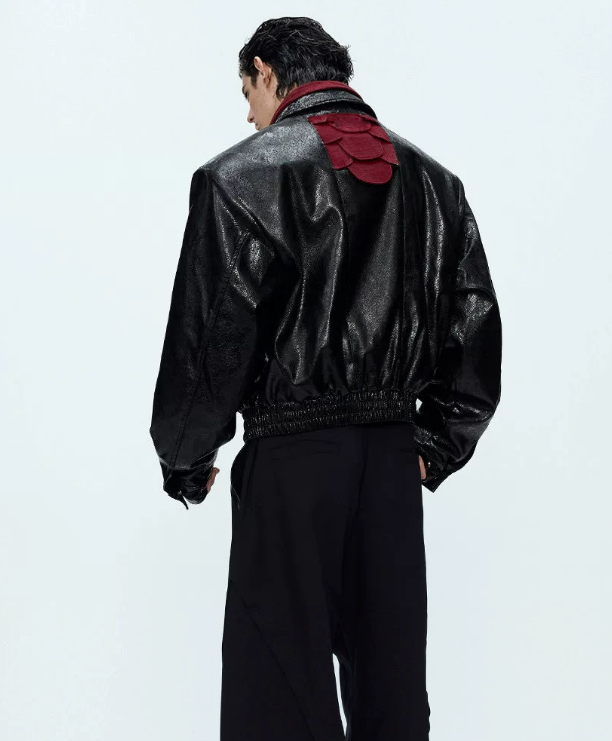 Dragon-Scale Back-Panel Snake-Skin Leather Jacket