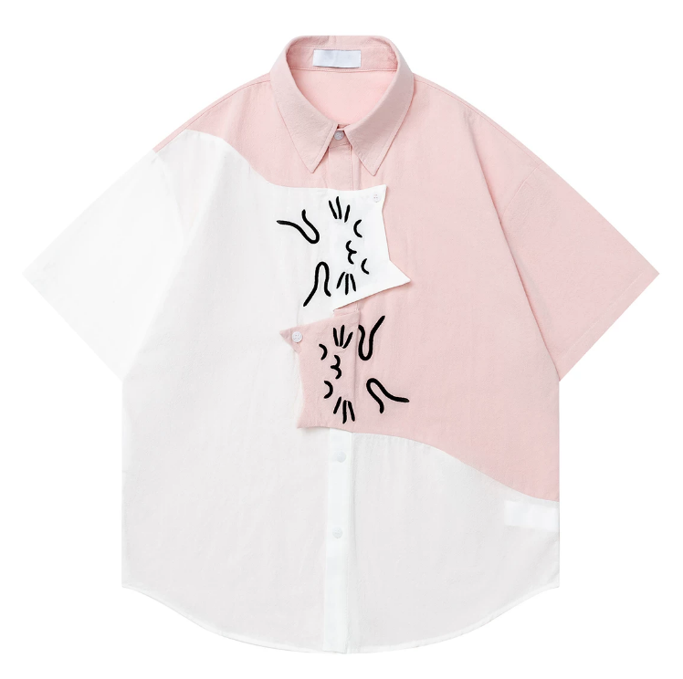 Color-Block Cat Face Flap Short-Sleeve Shirt